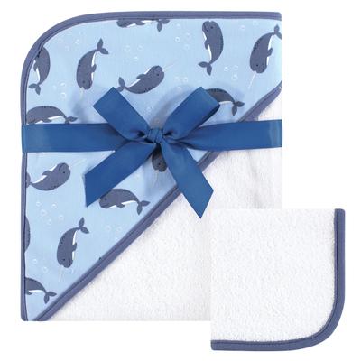Hudson Baby Infant Boys Cotton Hooded Towel and Washcloth 2pc Set, Narwhal - One Size