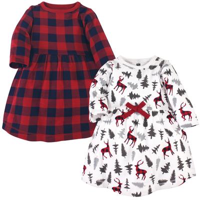Hudson Baby Infant and Baby Girl Cotton Long-Sleeve Dresses 2pk, Forest Deer