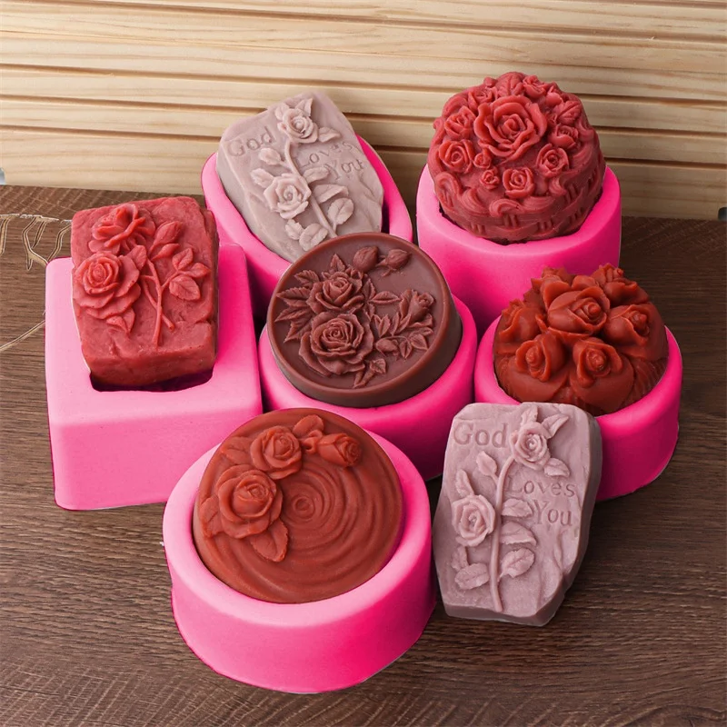 DIY Runde Rose Silikon Seife Form 6, Relief Floral Duft Seife Kerze Formen Kuchen Schokolade Backen Werkzeuge Hause Dekoration Image