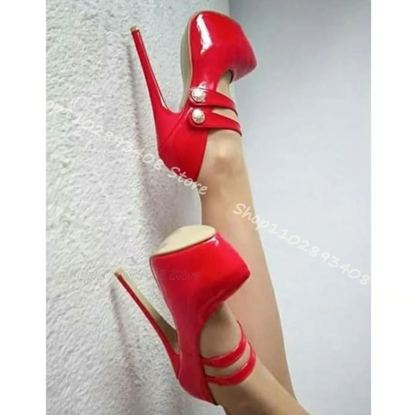 Rote Lack leder Stiletto Pumps Peep Toe Knöchel Schnalle Plattform Frauen Schuhe Mode sexy Party Kleid Pumps Zapatos Para Mujere