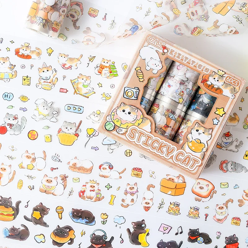 6 Rollen Aufkleber mit dem Kätzchen-Motiv, DIY-Collage, dekoratives Papier, Scrapbooking-Material, handgefertigtes Tagebuch, Album, Junk-Journal-Zubehör Image