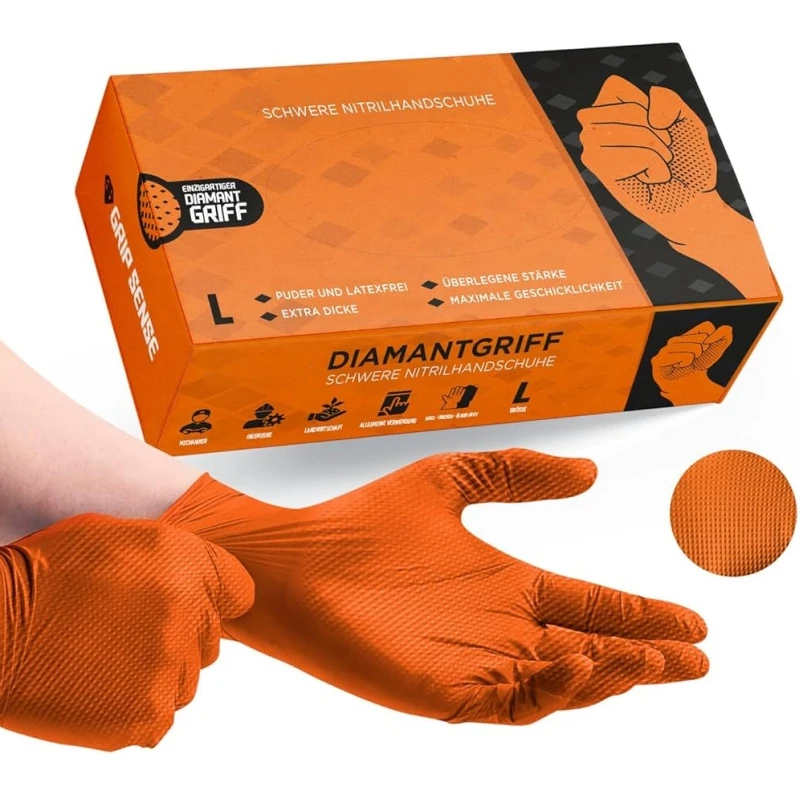 10/50PCS Heavy Duty Orange Industrie Nitril Handschuhe Einweg 8mil Erhöhte Diamant Textur Handschuhe Mechaniker Tattoo Schutzhandschuhe Image