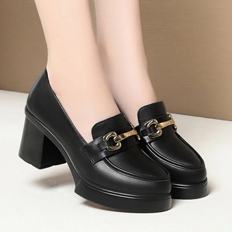High Heels Arbeitsschuhe Schwarz Metallschnalle Loafer Schuhe Catwalk Damen Lederschuhe Einzelschuhe Tanzschuhe Elegante Mode