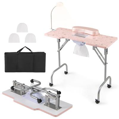 Costway Folding Manicure Nail Table with Electric Dust Collector-Pink