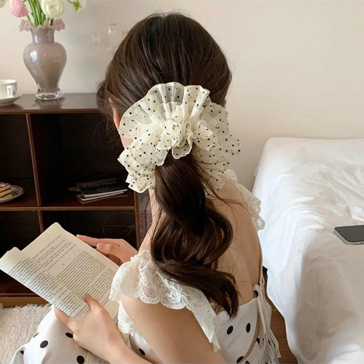 Damen Scrunchies Koreanische Version Haargummi Beige Polka Dot Spitze Haarkreis Süßer Haarkreis Elegantes Haarseil Haarschmuck