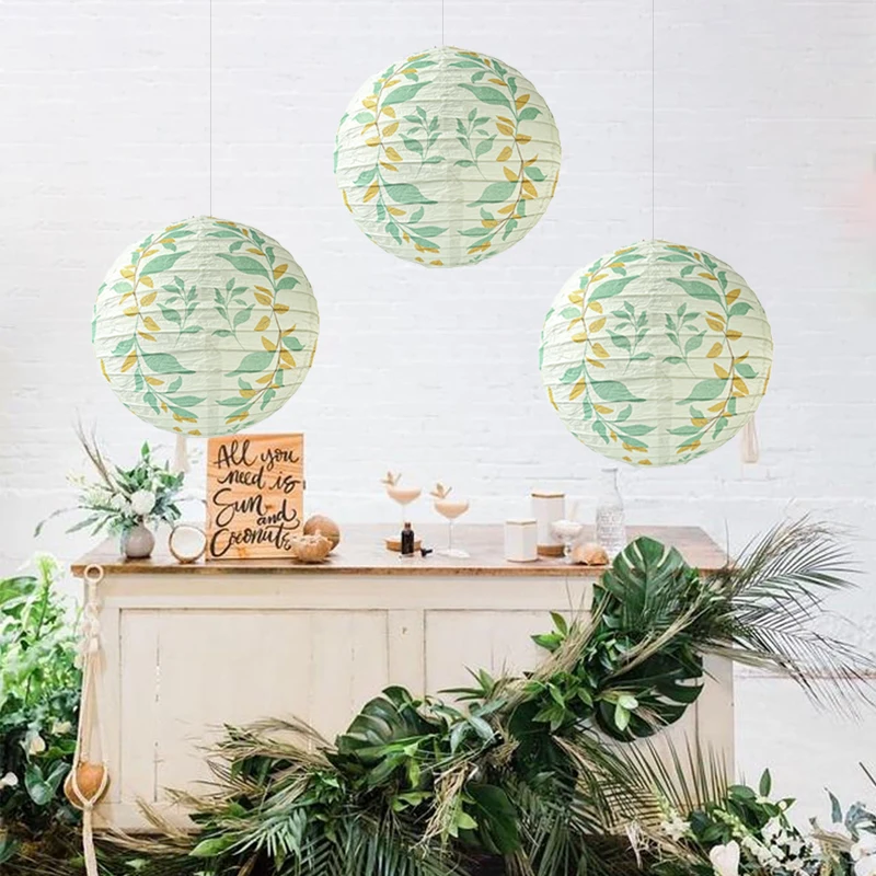 3 Stück goldene Blatt-Papierlaterne, Dekoration, grau-grüner Wald, grüner hellbraun, hängende runde chinesische Laterne mit Licht, geeignet für Landparty, grau-grüne Geburtstagsfeier Image