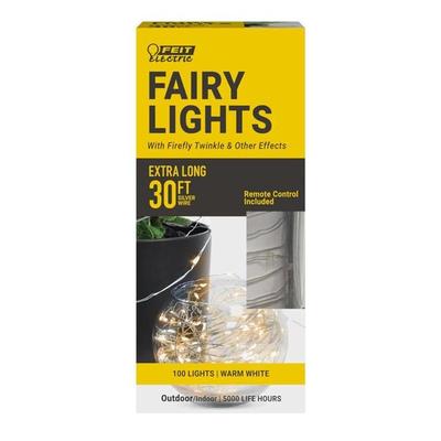 Feit Electric 72909 - 30' 120 volt 3000K Silver Wire Battery Operated LED Fairy Christmas Light String Set Light with Remote
