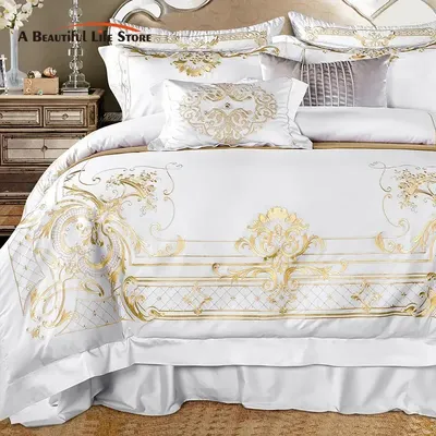Egyptian Cotton Bedding Set, Duvet Cover, Bed Sheet, Pillowcases, Luxury European Palace Style, Gold