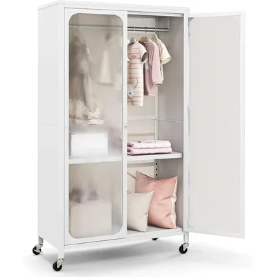 Closet Wardrobe, Portable Closet with Rollers, Mobile Metal Armoire Closet with Hanging Rod,