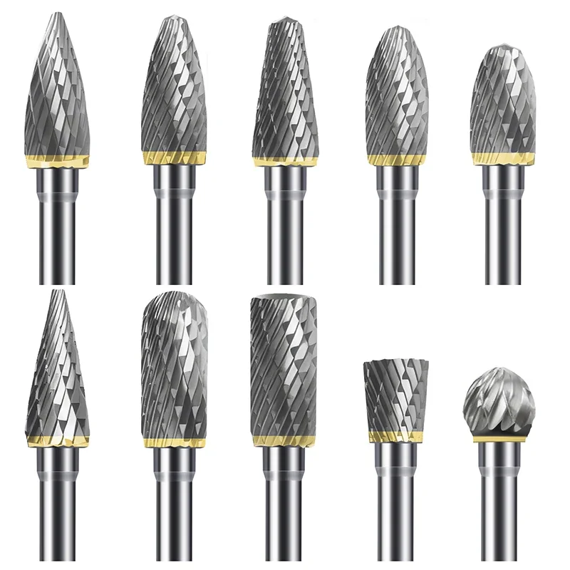 Set di frese in metallo duro 10 pezzi Set di frese rotanti in carburo di tungsteno a doppio taglio con gambo da 1/8 "con punte Dremel per lucidatura di intaglio del legno in metallo