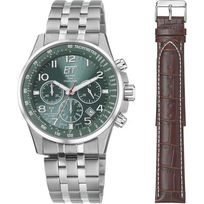 Funkchronograph ETT, silber (edelstahlfarben, braun), Armbanduhren, Herren, Armbanduhr, Herrenuhr, Stoppfunktion, Datum, Solar Image