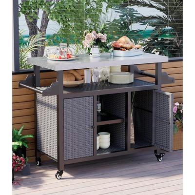 AECOJOY Grill Cart with Storage Cabinet, Outdoor Kitchen Cabinets, Rattan Outdoor Bar Cart with Wheels, Large Metal Tabletop