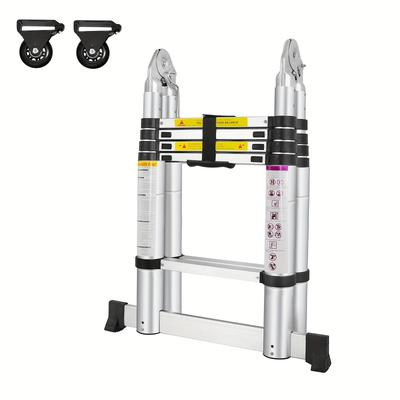 TEMU Yardin Telescopic Ladder Made Of Aluminium, Multifunctional Ladder With And Movable Wheel, Foldable Compact Ladder, Capacity Up To 150kg, Extendable Ladder With Non-slip Steps For (silver) Image