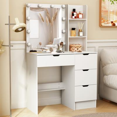 TEMU Chic White Vanity With Mirror & Light - Includes Drawers And Cabinets, 3 Lighting For Bedroom & Dressing Room, Women And Girls, Beauty Makeup Table Image