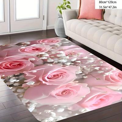 TEMU 1pc Pink Rose Floral Print Non-slip Machine Washable Mat - High Polyester Blend Indoor/outdoor Mat For Living Room Bedroom Entryway, Valentine's Decor, Rugs For Living Room Image