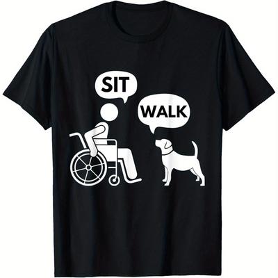 "TEMU Humorous "sit& Walk" Wheelchair& Dog Graphic T-shirt For Men- 100% Cotton, Fit With Round Neckline, Machine Washable- Ideal For & Travel- Sizes S To 3xl" Image