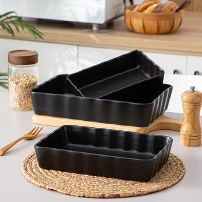 TEMU Rectangular Stoneware Matt Black Baking Dish Set Of 3 With Wave Rim, Oven Dish/casserole Dish/lasagna Dish Image