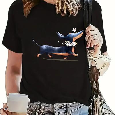 TEMU Women's Cute Dachshund & Daisy Graphic T-shirt - Soft Stretchy Casual Short Sleeve Top, White With Blue , Machine Washable, Casual Attire Image