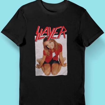 TEMU Slayer Awaits Graphic T-shirt For - 100% Cotton Band Logo Print, Slim Neck Short Sleeve Tee, 220gsm Heavyweight Fabric, Machine Washable, Casual Wear For Metal Music Fans Image