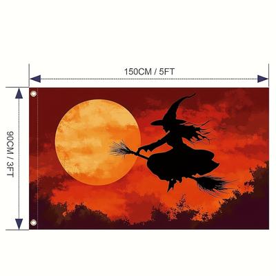 TEMU 1pc Vintage Flying On Broomstick Flag - Polyester, Vibrant Orange & , Ideal For Halloween & Themed Events, Outdoor Use, Durable & Fade-resistant, Activists & Supporters, Halloween Decorations Image