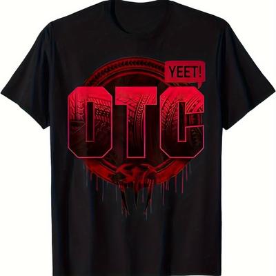 TEMU Men's Retro Otc Yeet Graphic T-shirt - Black, Pure Cotton, Short Sleeve, Crew Neck, Casual Streetwear With Print Image