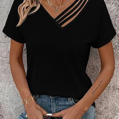 TEMU Stylish Asymmetrical V-neck T-shirt For Women - A Casual Short Sleeve Top Spring And Summer, Featuring A Breathable, Soft, And Comfortable. Image