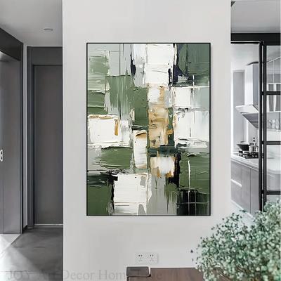 TEMU Large Abstract Oil Painting Canvas - Hand-painted Green, White, And Gray Textures With Golden Accents, Modern Home Decor For Living Room, Bedroom, Study, Room Decor Image