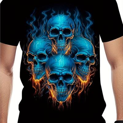 TEMU Men's 3d Printed Skull Graphic T-shirt - Flame Design , 100% Cotton Crew Neck Short Sleeve Tee, Regular Fit Casual Shirt, Machine Washable Top, Skull Shirt Image