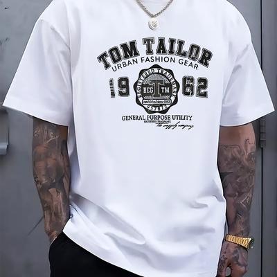 TEMU Tom Tailor Men's Vintage 1962 Urban Fashion Logo Print T-shirt - Black Regular Fit Short Sleeve Round Neck Casual Tee, Machine Washable , Vacation Clothing | Casual Tshirt | Stylish Casualwear Image