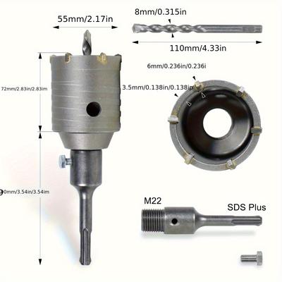 TEMU 55mm Socket Drill Bit For Concrete & Masonry With Sds Plus Adapter – High-quality Carbide For Precise, Smooth Cuts In Brick, Cement, And Foam Walls – Rust-resistant, Durable Metal Construction Image
