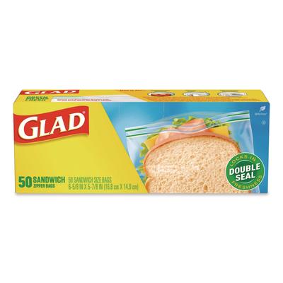 Glad Zipper Food Storage Plastic Sandwich Bags, 6.63 x 5.88, Clear, 50 Bags/Box (CLO57263BX)