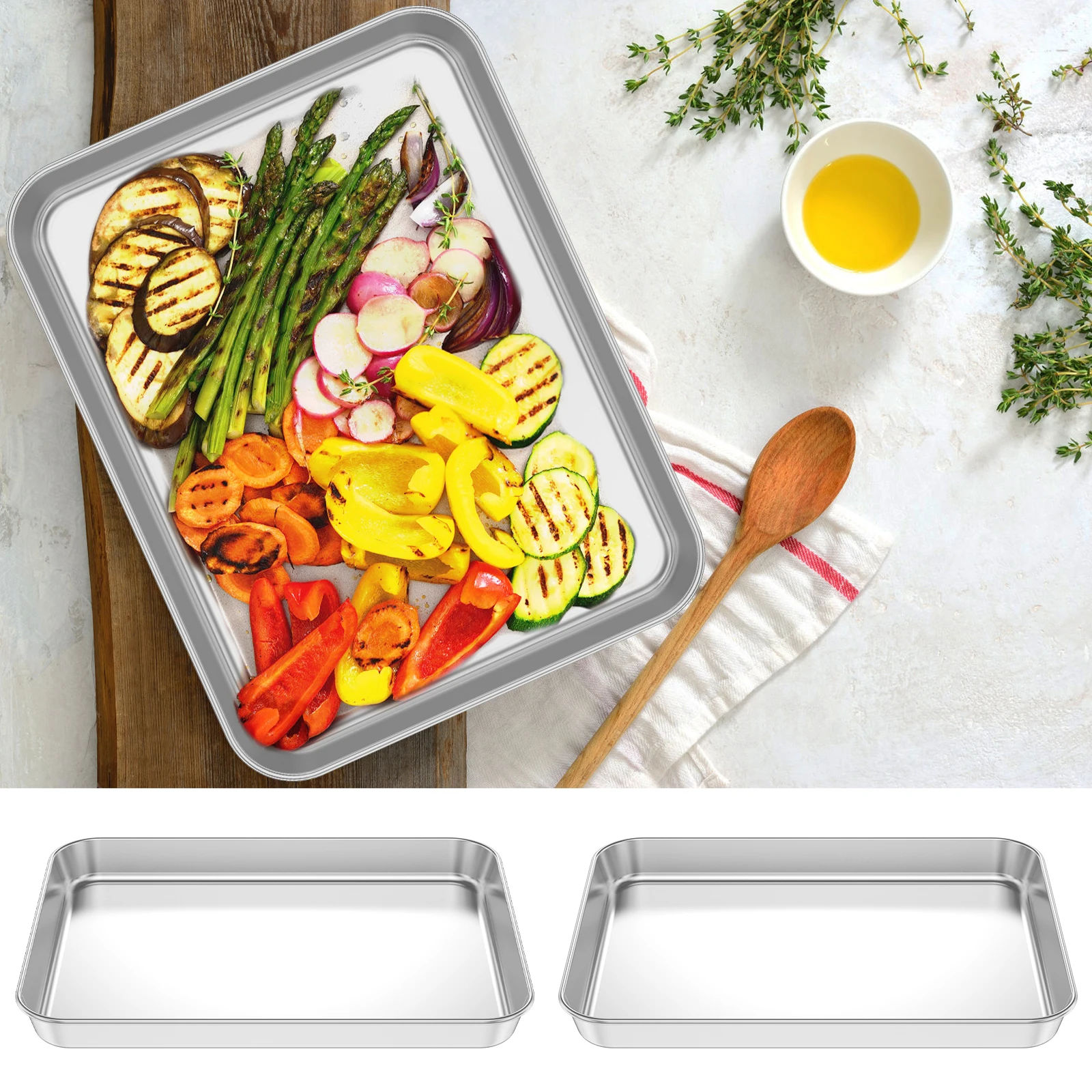 2 Stück Toaster-Ofenpfanne, 304 Edelstahl, kleines Backblech, Mehrzweck-Toaster-Ofenablage für gewerbliche und zu Hause Image