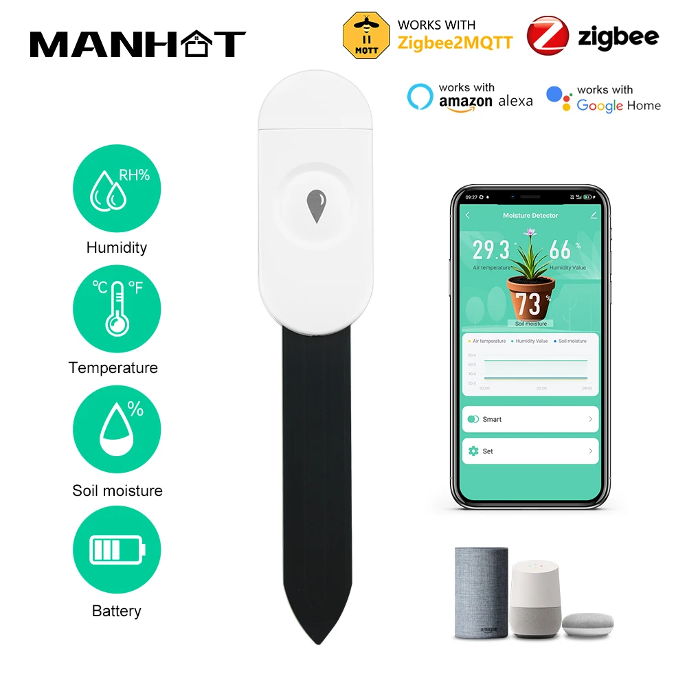 Zigbee2MQTT Zigbee3.0 Temperatur Feuchtigkeit Feuchtigkeit Detektor Smart Boden Tester Feuchtigkeit Sensor Telefon APP RealTime Monitor Image