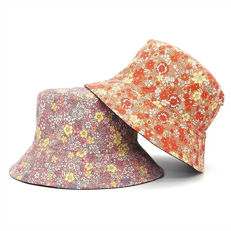 Fashion Floral Print Eimer Hut Für Frauen Doppel Seite Baumwolle Reversible Sonnenschutz Kappe Weibliche Panama Fischer Hüte Image