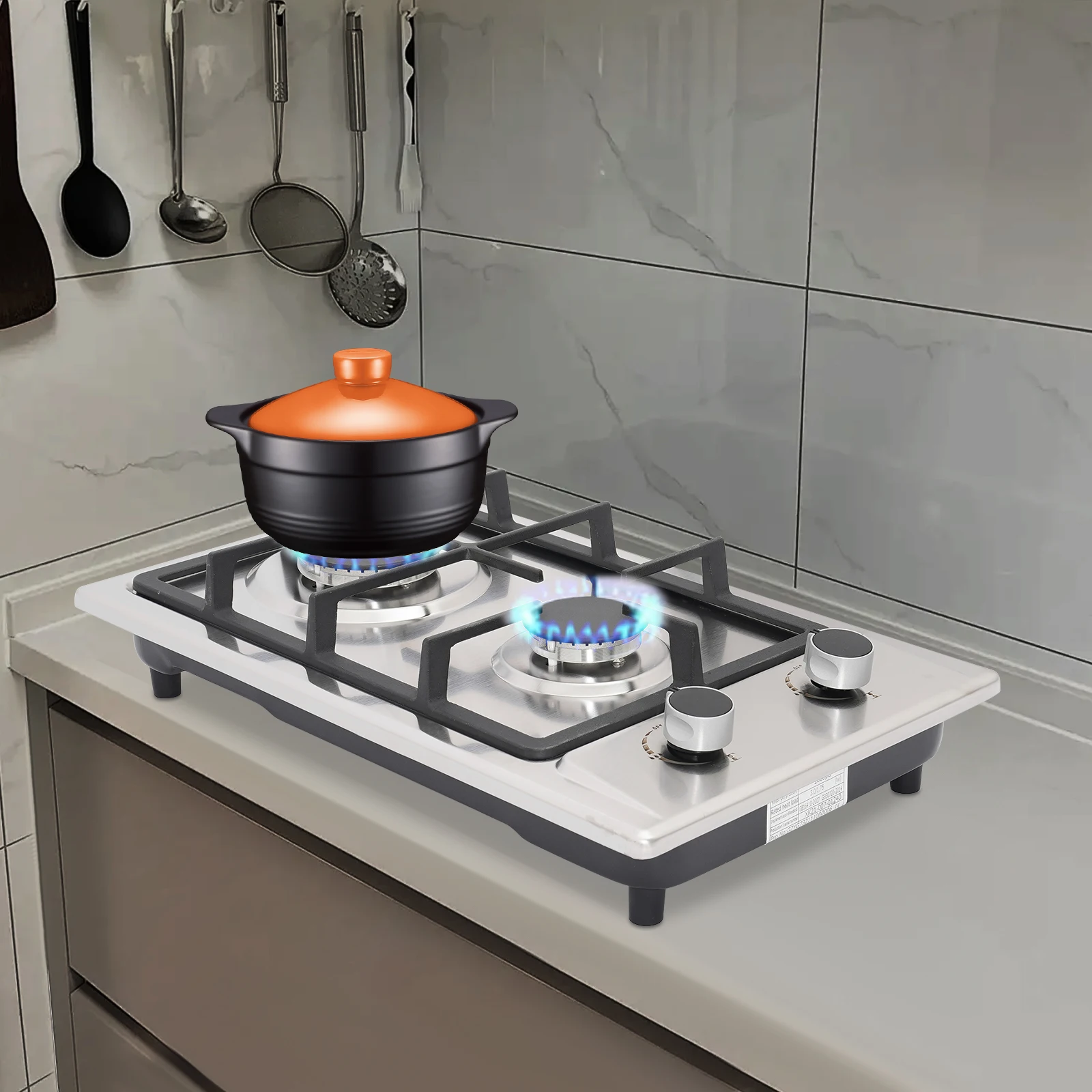 Tragbarer Gasherd, Gasherd mit 2 Brennern, Edelstahl-Gasherd mit Druckminderventil Image