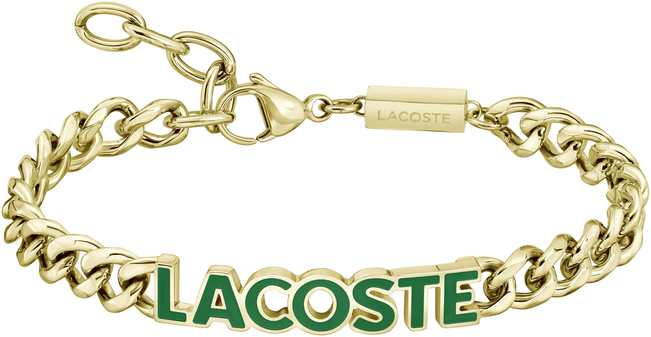 Panzerarmband LACOSTE "SCRIPT", gold (gelbgoldfarben), Armbänder, Herren, 18,5cm, Edelstahl, Panzerarmband, teilweise mit Emaille