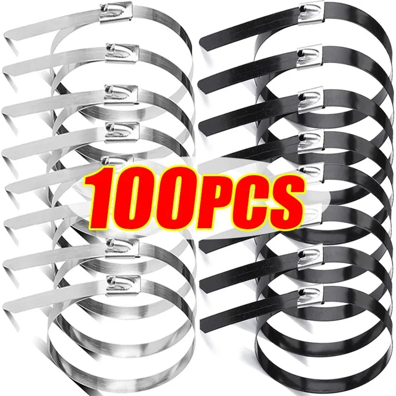 Edelstahl-Kabelbinder in Schwarz und Silber, metallbeschichtete, selbstsichernde Kabelbinder, robuster Verschluss-Organizer mit Reißverschluss und Auspufffolien Image