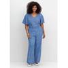 Jumpsuit SHEEGO BY JOE BROWNS "Große Größen", Damen, Gr. 52, Normalgrößen, blau (blau gemustert), Obermaterial: 100% Viskose (LENZING ECOVERO), gemustert, feminin, figurumspielend lang, V-Ausschnitt, Kurzarm, Overalls, mit Blümchenprint, aus Viskose