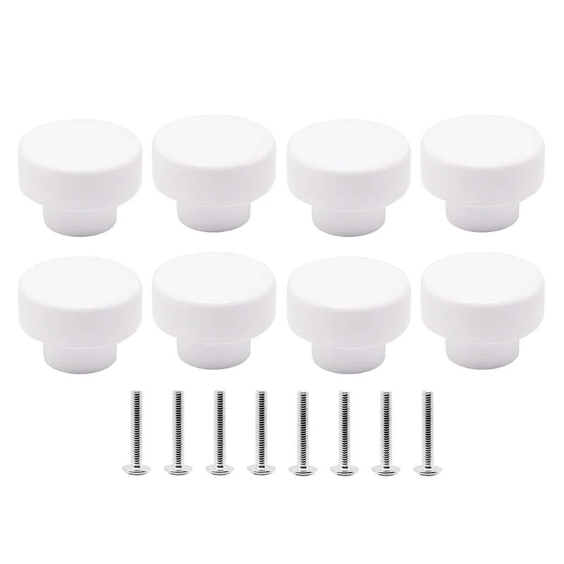 8 weiße Küchenschrankknöpfe, moderne runde 35-mm-Knöpfe und Schubladengriffe aus massivem Holz für Schrank, Kommode und Schrank Doo Image