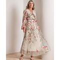 Blumenbesticktes A-Linien Kleid für die Mutter der Braut Einfaches V-Ausschnitt Spitzen Strandhochzeitskleid Knöchellanges Tüll Langarm Samtband