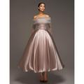 Elegantes Pink Satin A-Linien Ballkleid Cocktailkleid Formelles Hochzeitskleid Knöchellang Lange Ärmel Off-Shoulder Abnehmbare Stola 2025