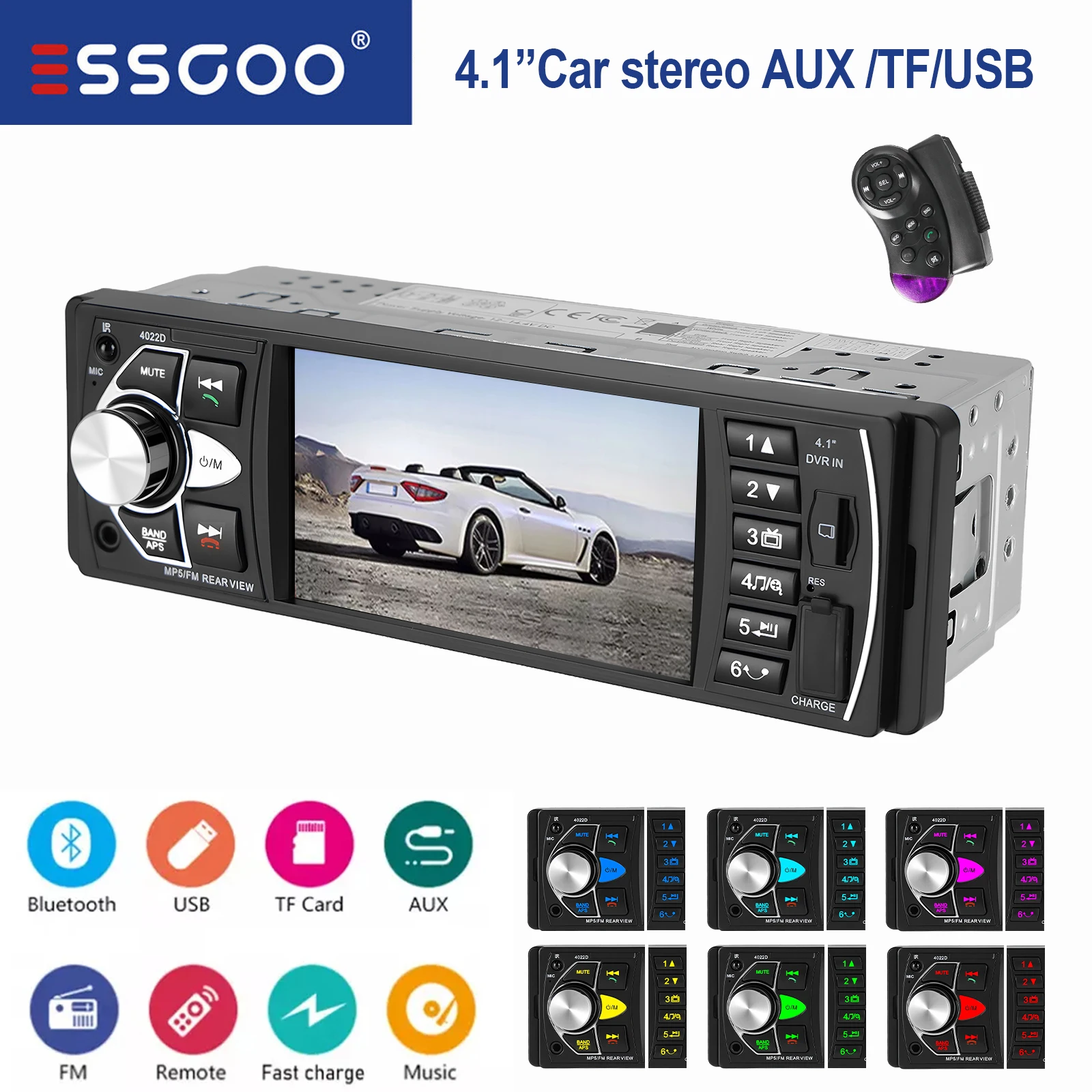 ESSGOO 1-DIN MP5-Autoradio mit 4" IPS-Display Universal Bluetooth USB AUX TF FM Unterstützt Lenkradfernbedienung 7 Farben Beleuchtung Freisprechfunktion HD-Videoplayer ISO-Anschluss WinCE Image