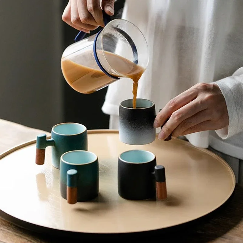 Keramik-Teetasse mit Farbverlauf und Holzgriff, japanische Kaffeetasse aus Steinzeug, für Zuhause, Ofen gedreht, Retro, kleine Weintasse Image