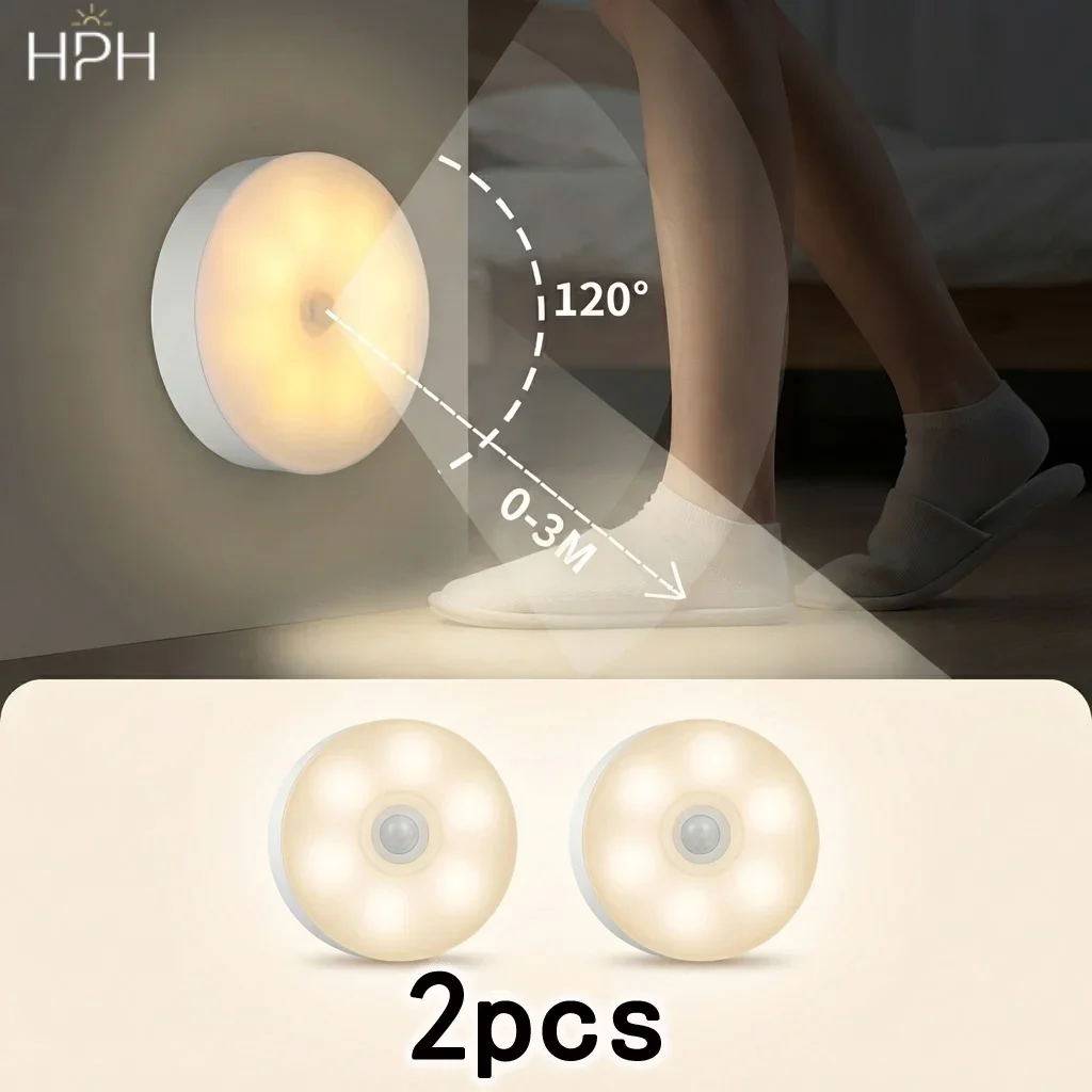 HPH LED-Nachtlicht mit intelligentem Bewegungssensor, 2 Stück, automatische Beleuchtung, USB-aufladbar, kabellos, magnetische Haftung, Nachtlicht für Zuhause