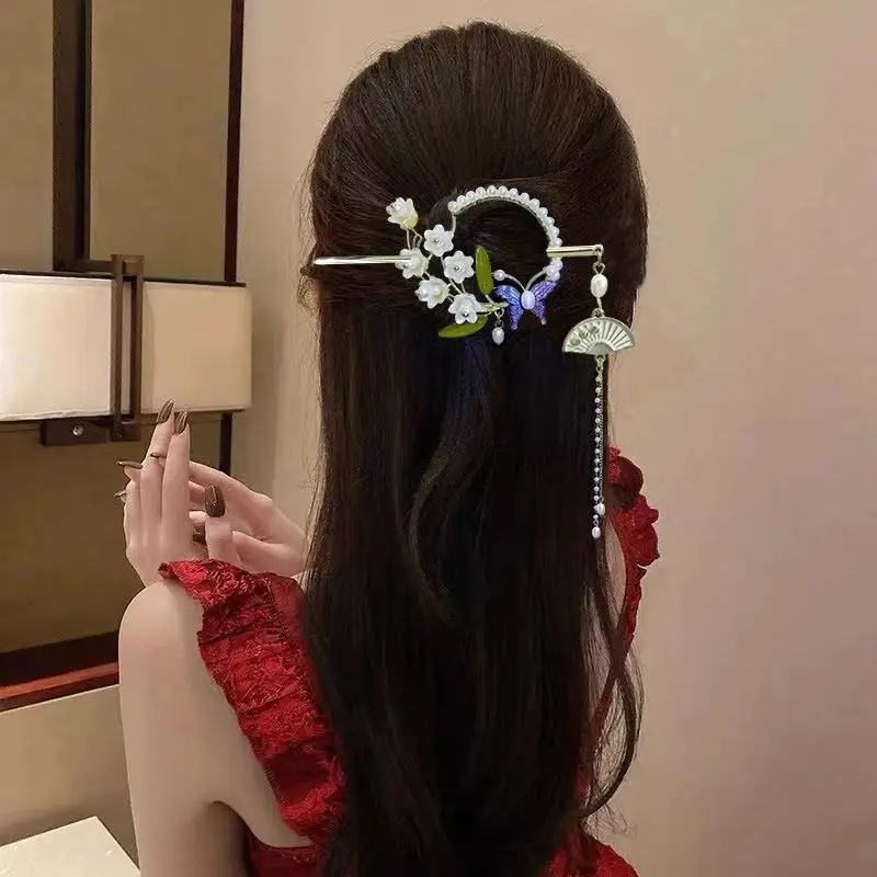 Chinesischen Stil Neue Kopfbedeckung Floral Haar Sticks für Frauen Quaste Haarnadel Moderne Hanfu Stil Haar Clip Weibliche Haar Zubehör Image