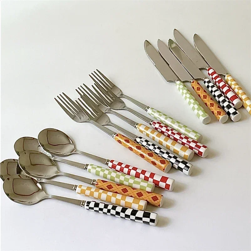 3 teile/satz Edelstahl Messer Gabel Löffel Schachbrett Keramik Griff Besteck Set Westlichen Geschirr Dessert Gabel Messer Löffel Image