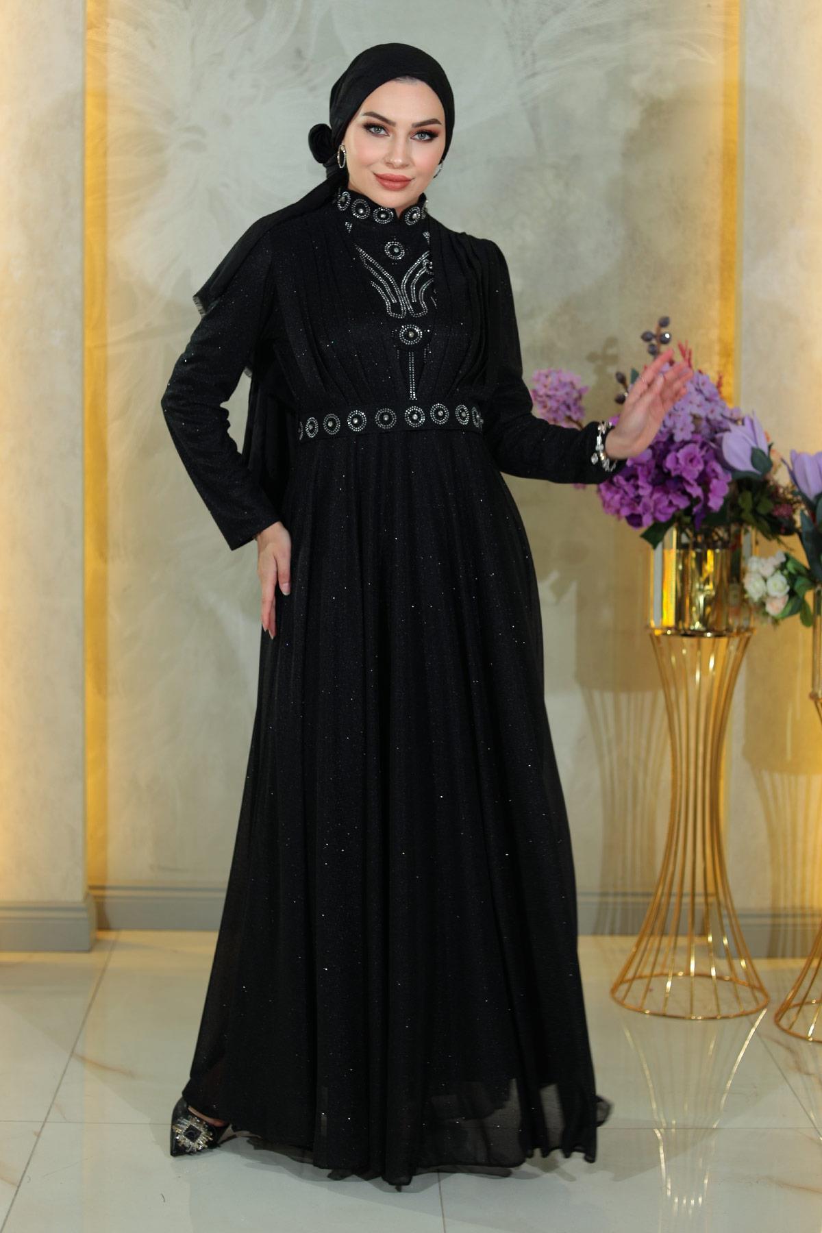 ElbiseStein Detail Drapiert Pailletten Abendkleid Image