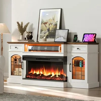 3-Sided Glass Fireplace TV Stand with Charging Station, 70'' Entertainment Center with 36