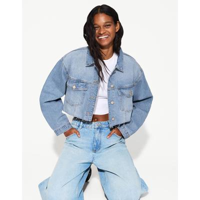 Bershka Cropped Denim Jacket Women Xs Light Blue