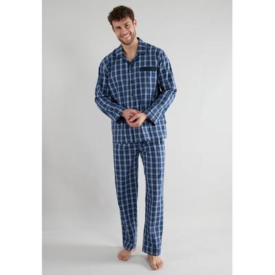 Schlafanzug GÖTZBURG "Clubhouse", Herren, Gr. 58 (XXXL), blau (blau, dunkel, karo), Single Jersey, Obermaterial: 100% Baumwolle, kariert, casual, lang, Langarm, Homewear-Sets, Karomuster, Brusttasche, Reine Baumwolle Image